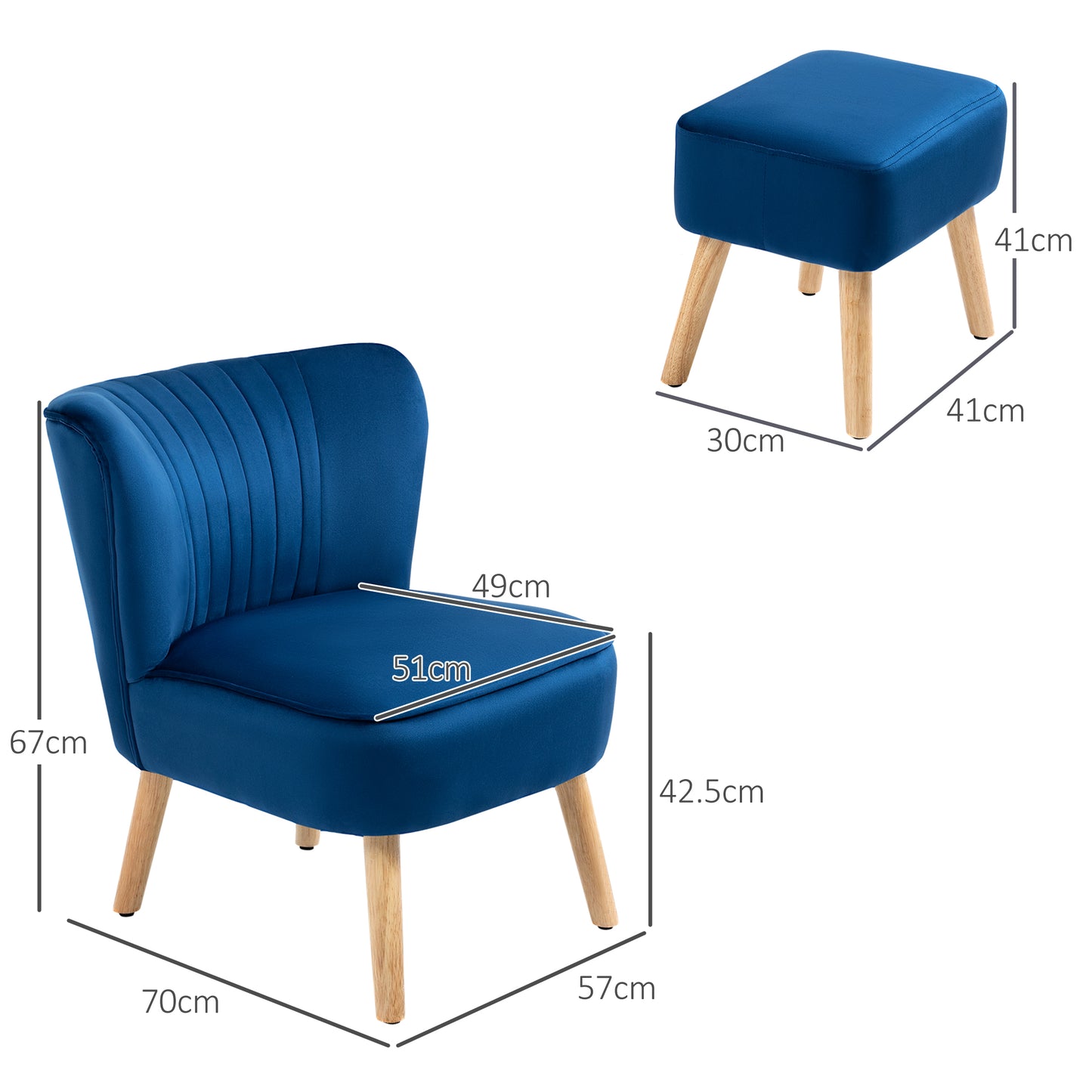 Velvet Accent Chair Occasional Tub Seat Padding Curved Back W/ Ottoman Wood Frame Legs Home Furniture, Dark Blue