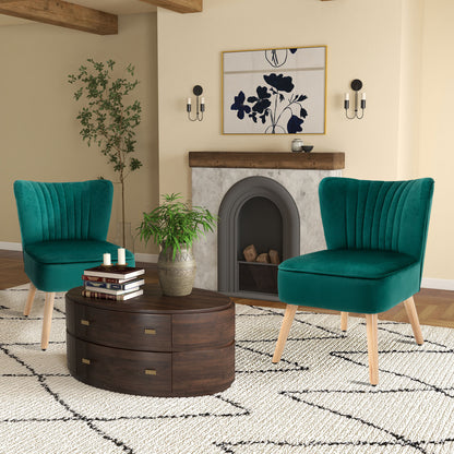 Velvet Accent Chair Occasional Tub Seat Padding Curved Back With Wood Frame Legs Home Furniture Set Of 2 Green