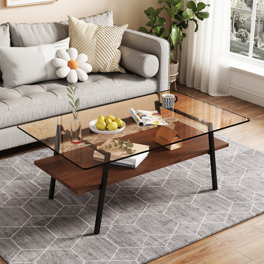 Rectangle Coffee Table, Tempered Glass Tabletop With Black Metal Legs, Modern Table For Living Room , Brown Glass