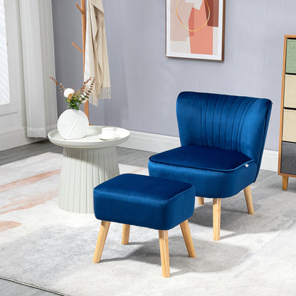 Velvet Accent Chair Occasional Tub Seat Padding Curved Back W/ Ottoman Wood Frame Legs Home Furniture, Dark Blue