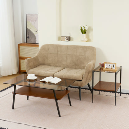Rectangle Coffee Table, Tempered Glass Tabletop With Black Metal Legs, Modern Table For Living Room , Brown Glass